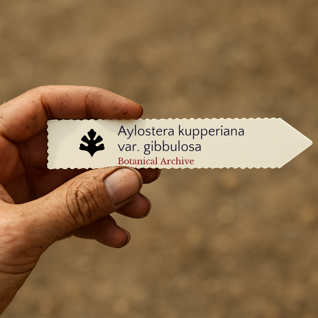 Printed plant label for Aylostera kupperiana var. gibbulosa held by hand outdoors