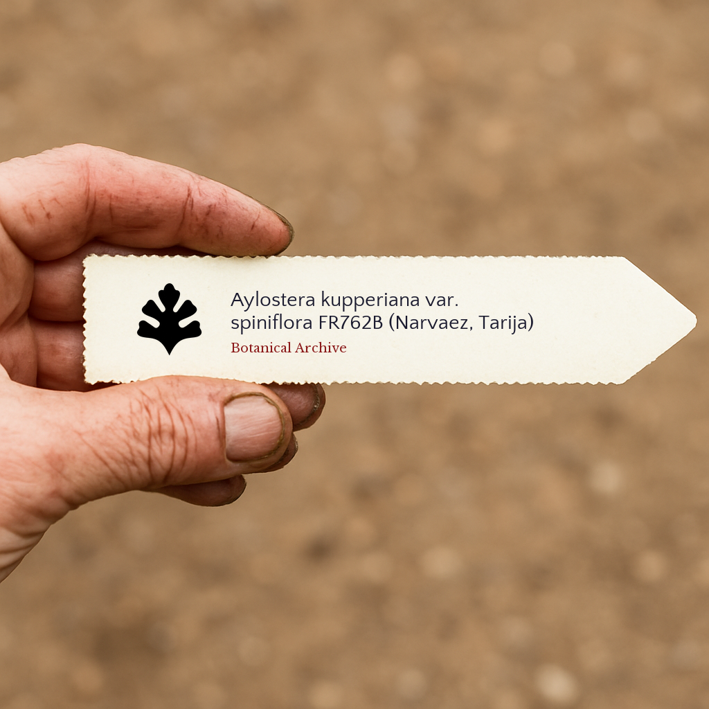 Printed plant label for Aylostera kupperiana var. spiniflora held by hand