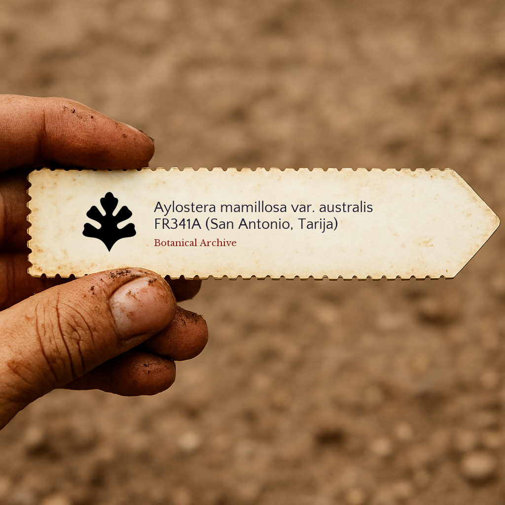 Printed plant label for Aylostera mamillosa var. australis held by dirty hand outdoors