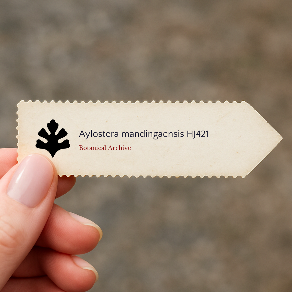 Printed plant label for Aylostera mandingaensis HJ421 held by hand on beige paper