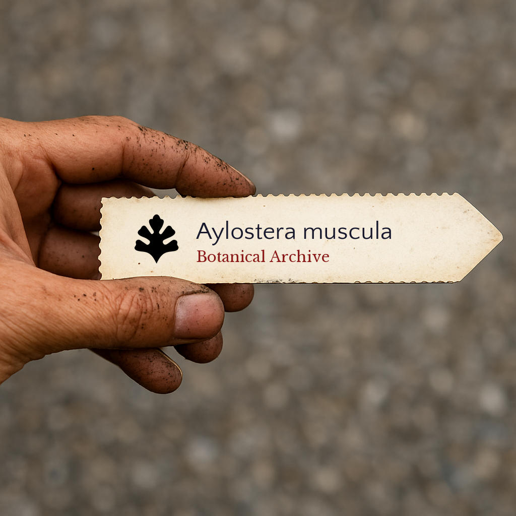 Printed plant label for Aylostera muscula held by dirty hand outdoors