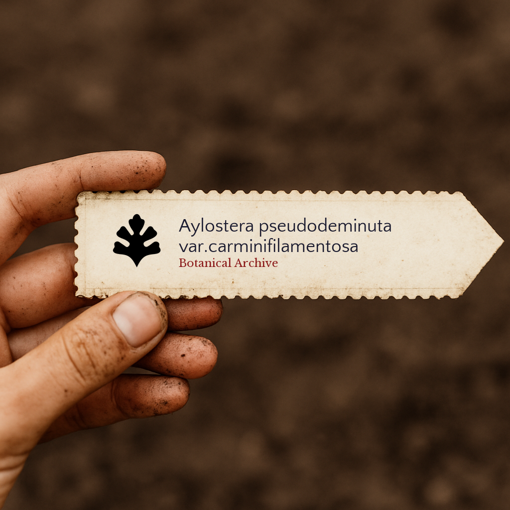 Printed plant label for Aylostera pseudodeminuta var.carminifilamentosa held by dirty hand