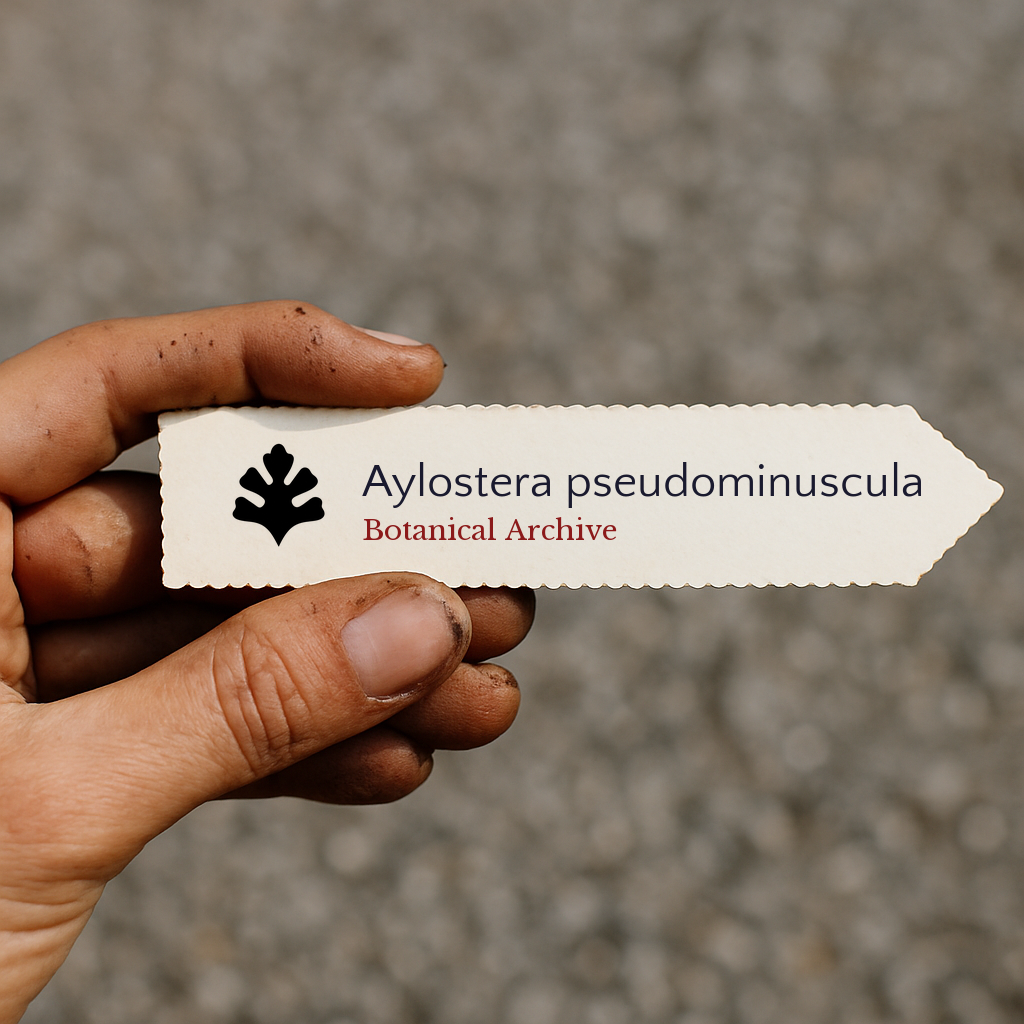 Printed plant label for Aylostera pseudominuscula held by hand with dirt on fingers