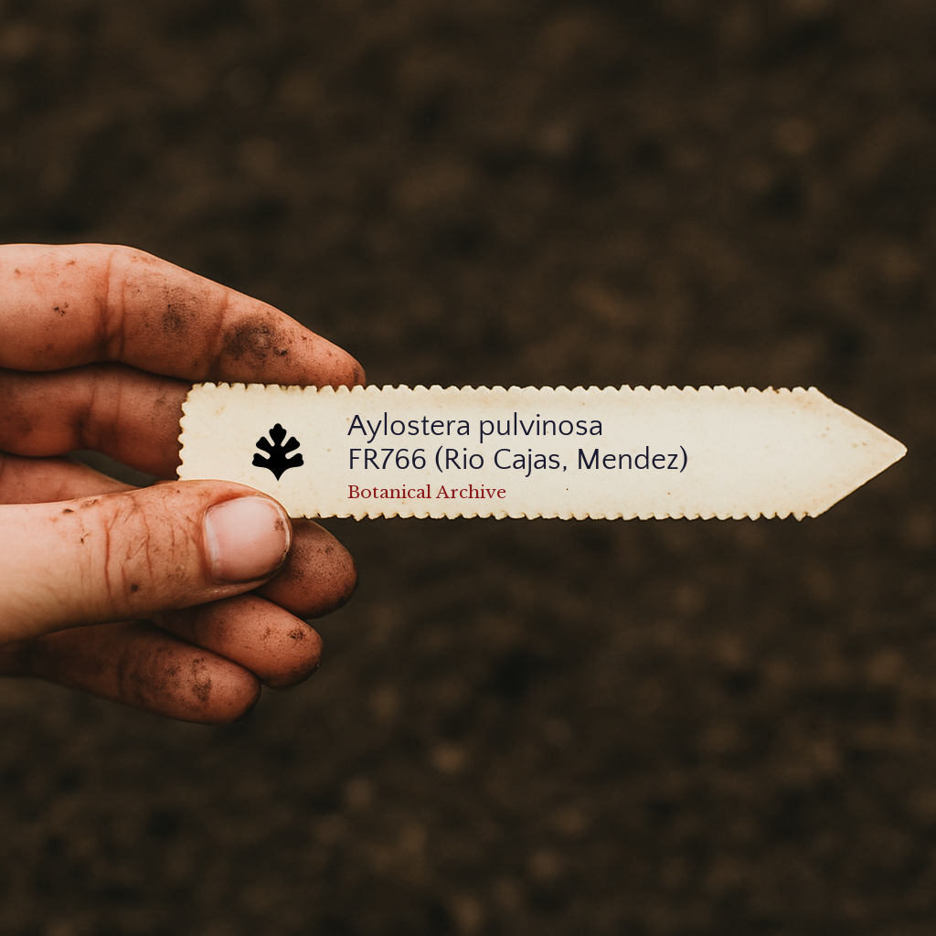 Printed plant label for Aylostera pulvinosa held by dirty hand over soil background
