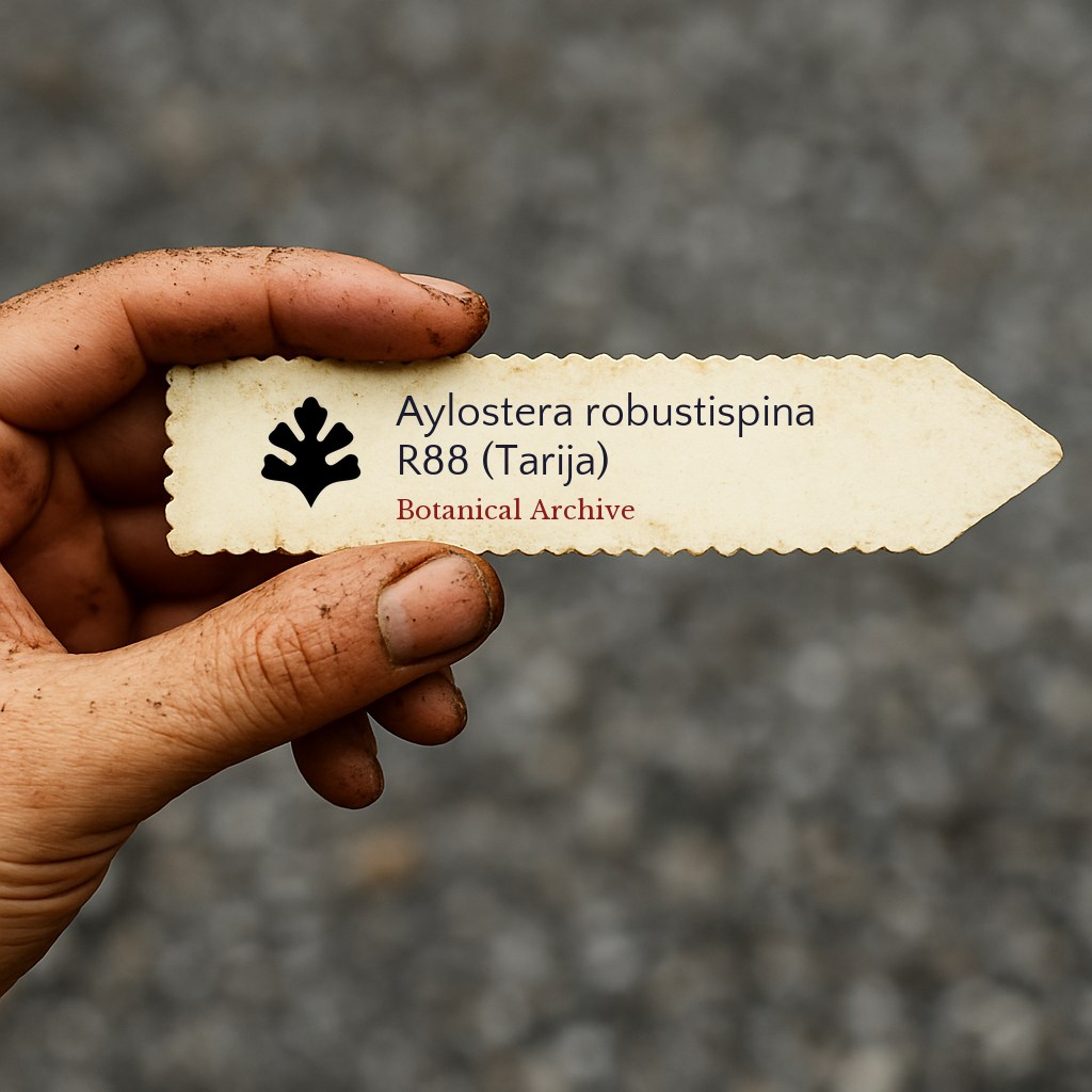 Printed plant label for Aylostera robustispina in hand with dirt-stained fingers