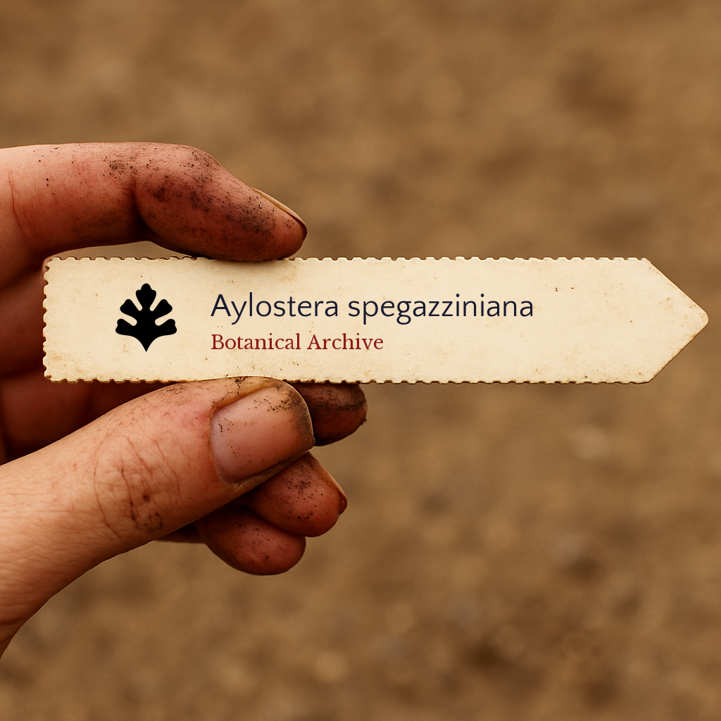 Printed plant label for Aylostera spegazziniana held by dirty hand outdoors