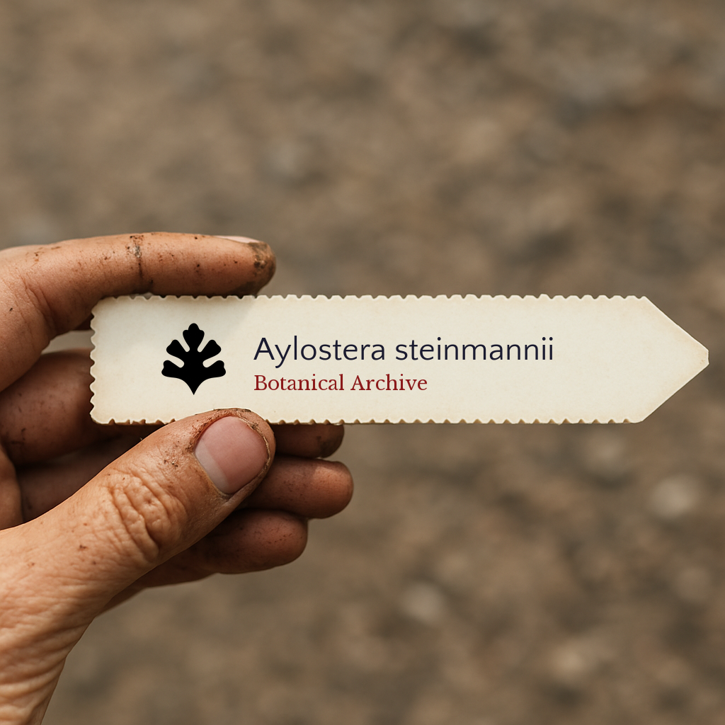 Printed plant label for Aylostera steinmannii held by dirty hand outdoors