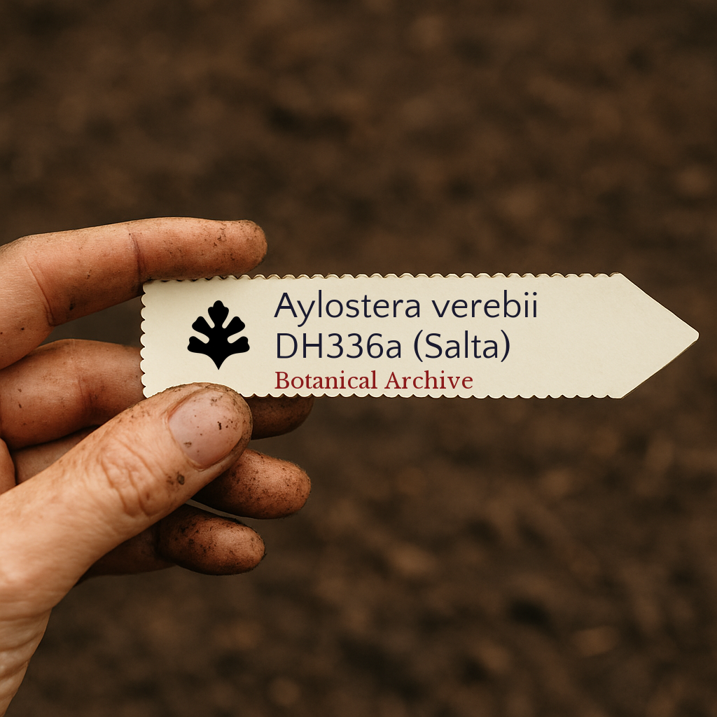 Printed plant label for Aylostera verebii DH336a (Salta) held by dirty hand over soil background