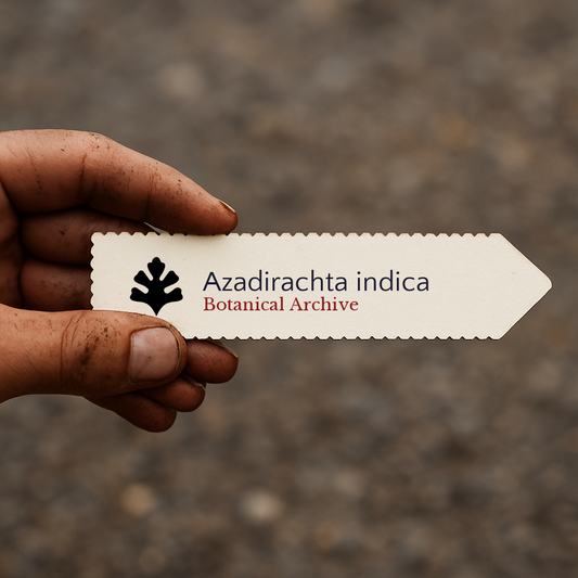 Etichetta stampata per pianta di Azadirachta indica con logo Botanical Archive tenuta a mano