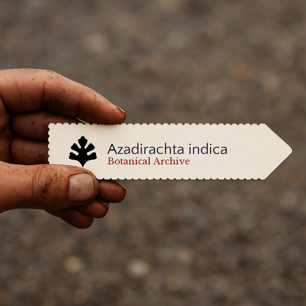 Etichetta per pianta stampata di Azadirachta indica con il logo di Botanical Archive tenuta a mano