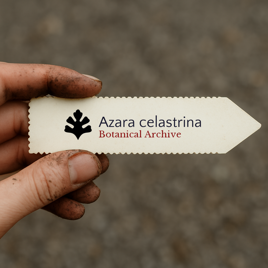Etichetta plantare stampata per Azara celastrina tenuta da mano sporca contro sfondo sfocato