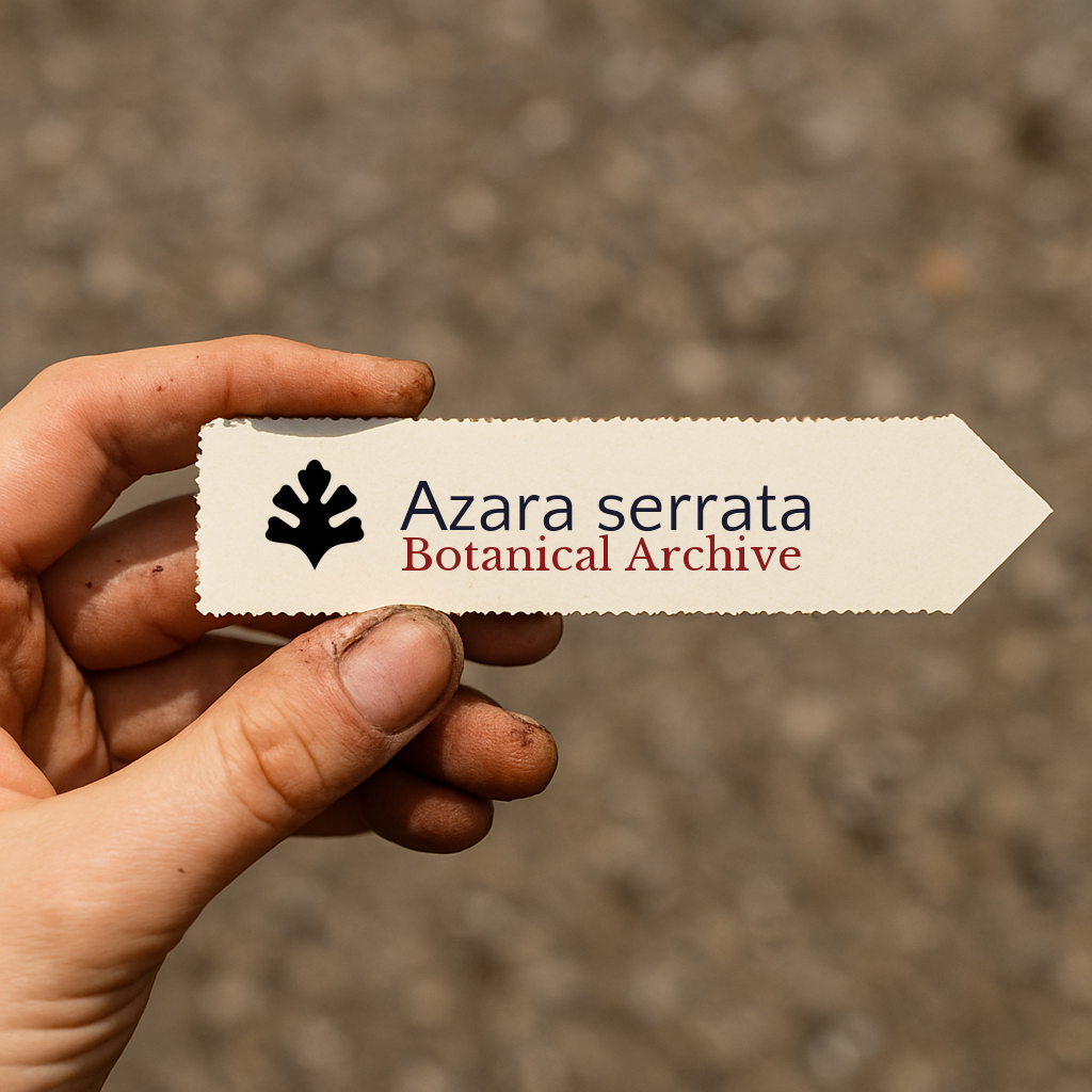 Etichetta stampata per pianta di Azara serrata tenuta a mano con dita macchiate di terra