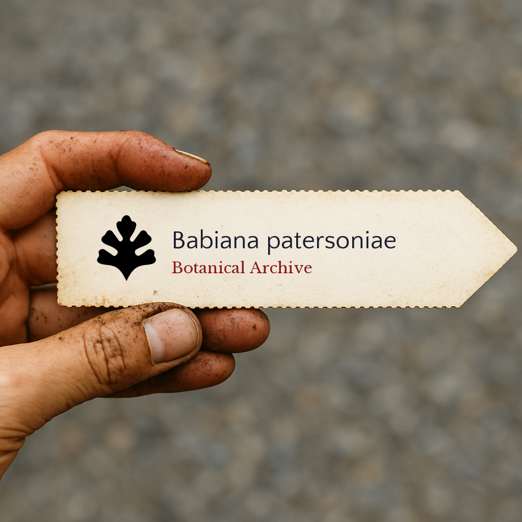 Printed plant label for Babiana patersoniae held by dirty hand outdoors