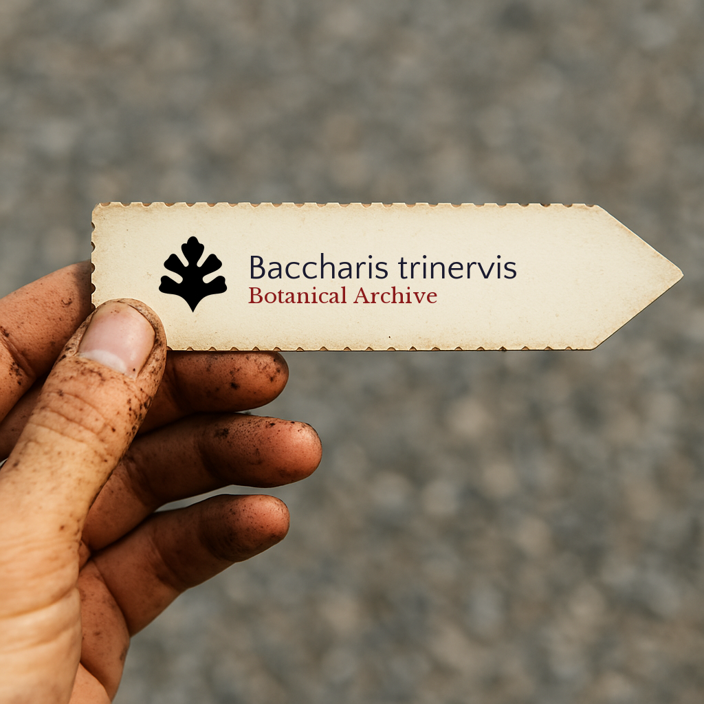 Printed plant label for Baccharis trinervis with botanical archive logo held by dirty hand