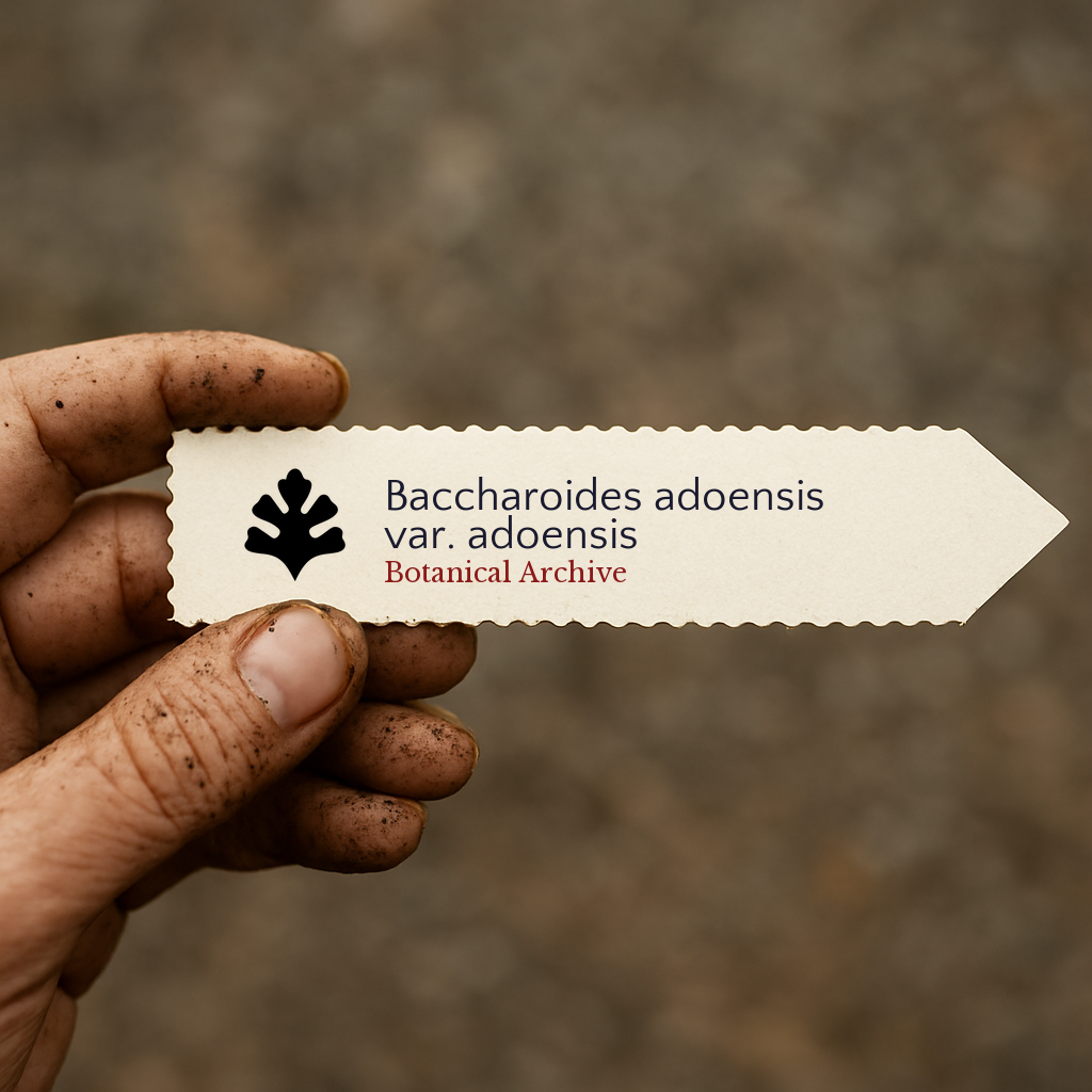 Printed plant label for Baccharoides adoensis var. adoensis held by dirty hand