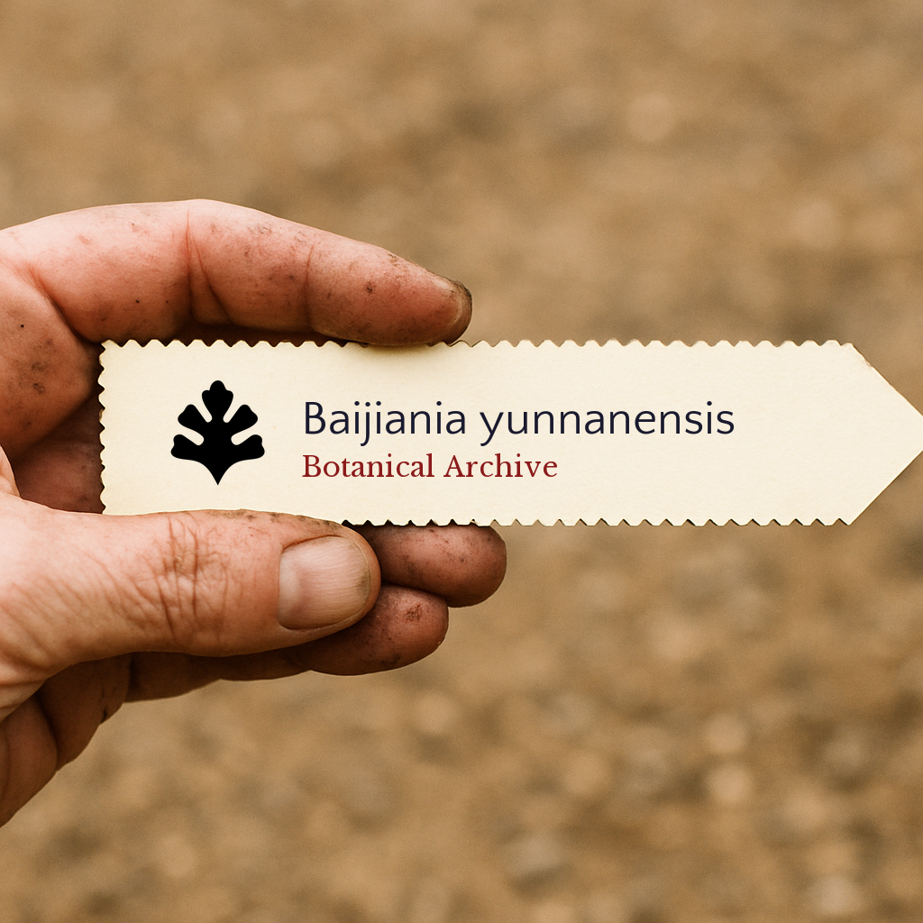 Printed plant label for Baijiania yunnanensis held by hand with soil background