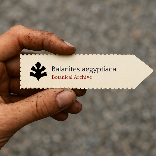 Printed plant label for Balanites aegyptiaca held by dirty hand outdoors