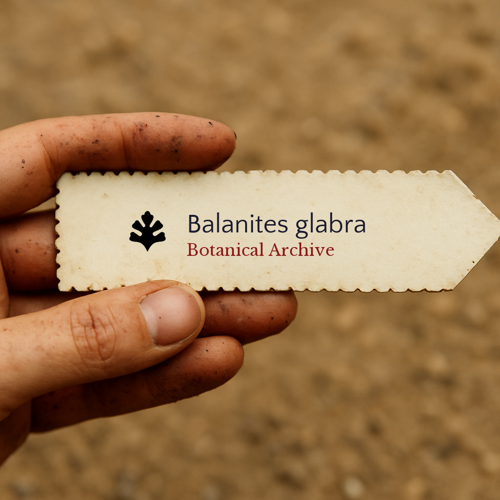 Printed plant label for Balanites glabra held by dirty hand over soil background