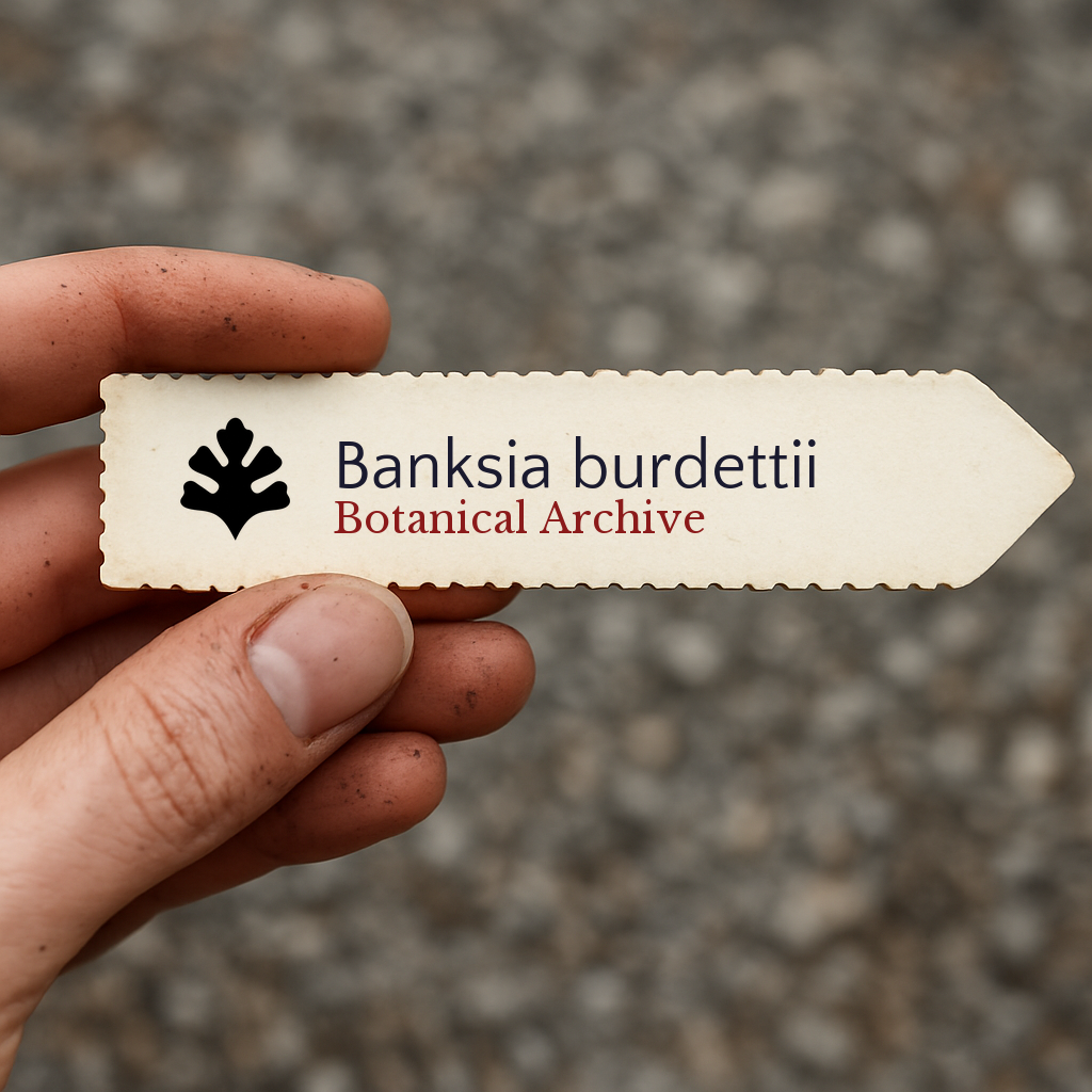 Etichetta per piante stampata di Banksia burdettii con il logo di Botanical Archive tenuta in mano
