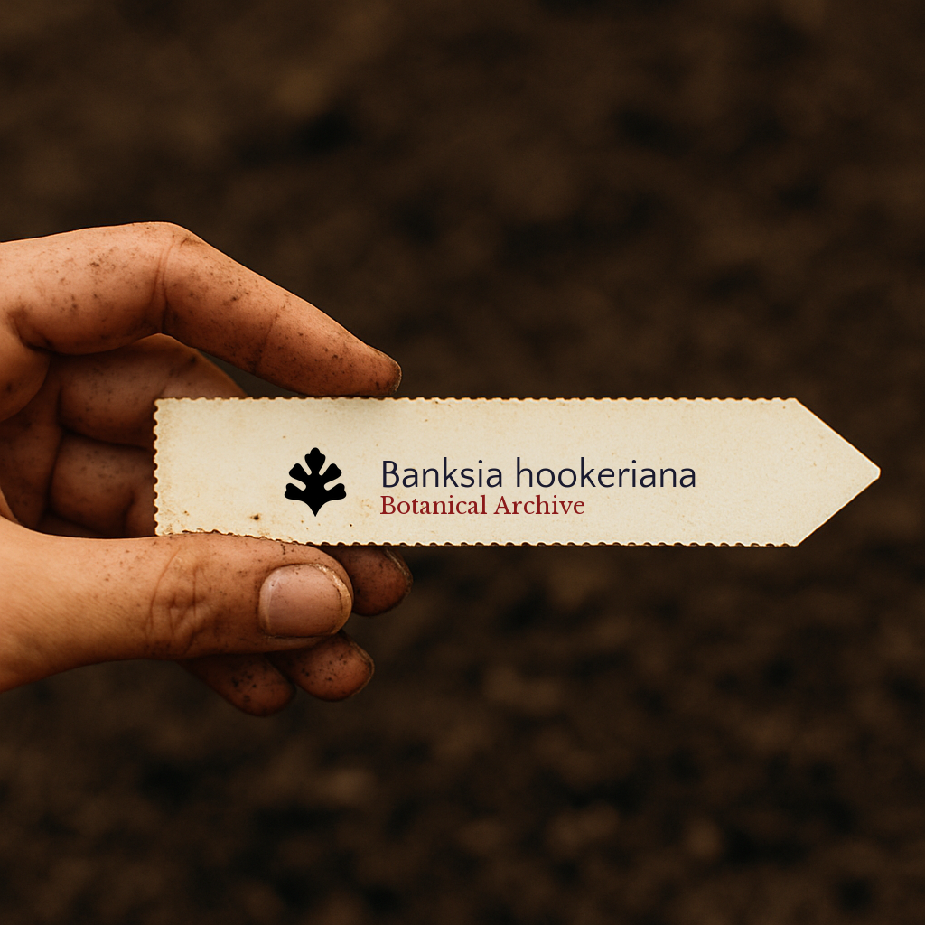 Etichetta per pianta stampata per Banksia hookeriana tenuta da una mano sporca su sfondo di terreno