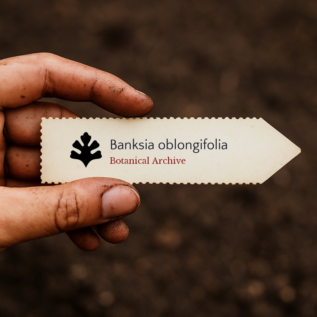 Printed plant label for Banksia oblongifolia held by dirty hand over soil background