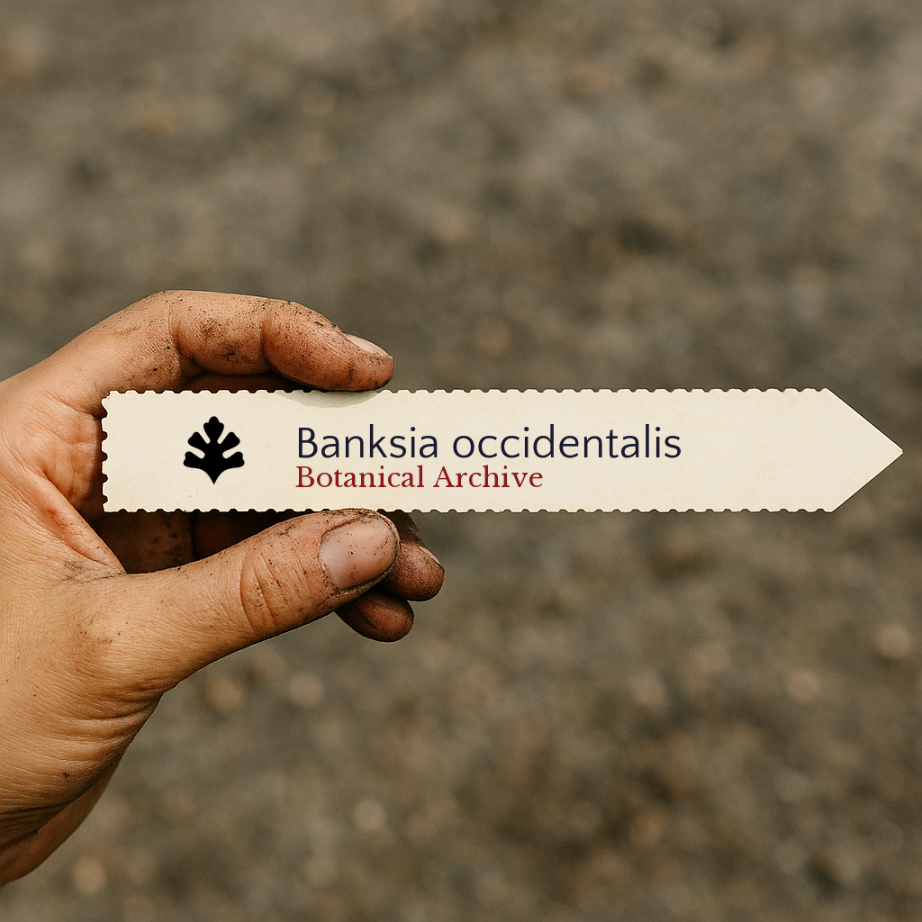 Printed plant label for Banksia occidentalis with botanical archive logo held by dirty hand
