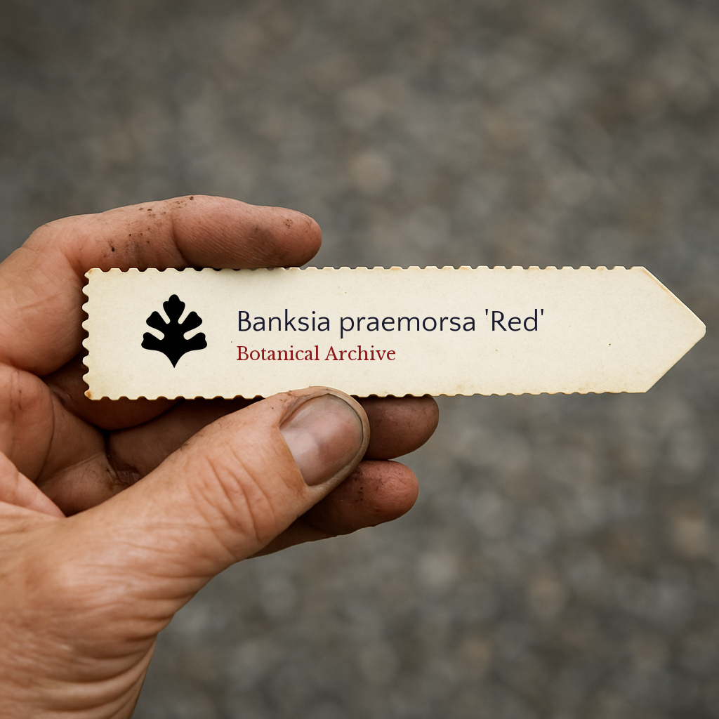 Etichetta per piante stampata per Banksia praemorsa 'Red' tenuta a mano con sfondo di terra
