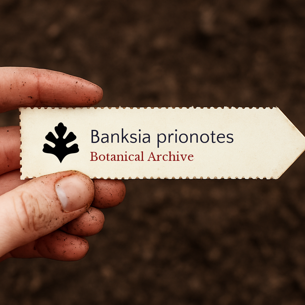 Printed plant label for Banksia prionotes held by dirty hand over soil background