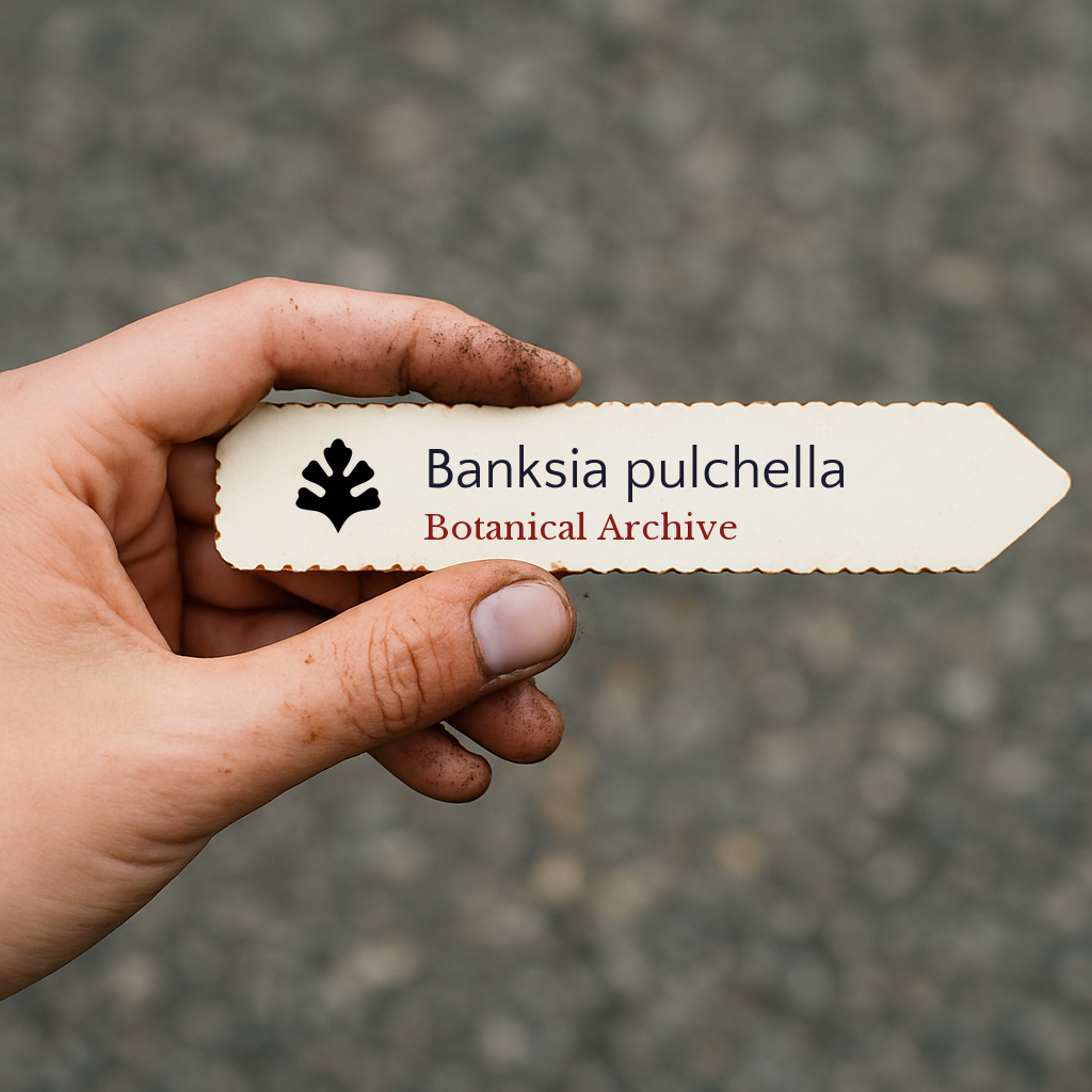 Etichetta vegetale stampata per Banksia pulchella tenuta a mano con terra sulle dita