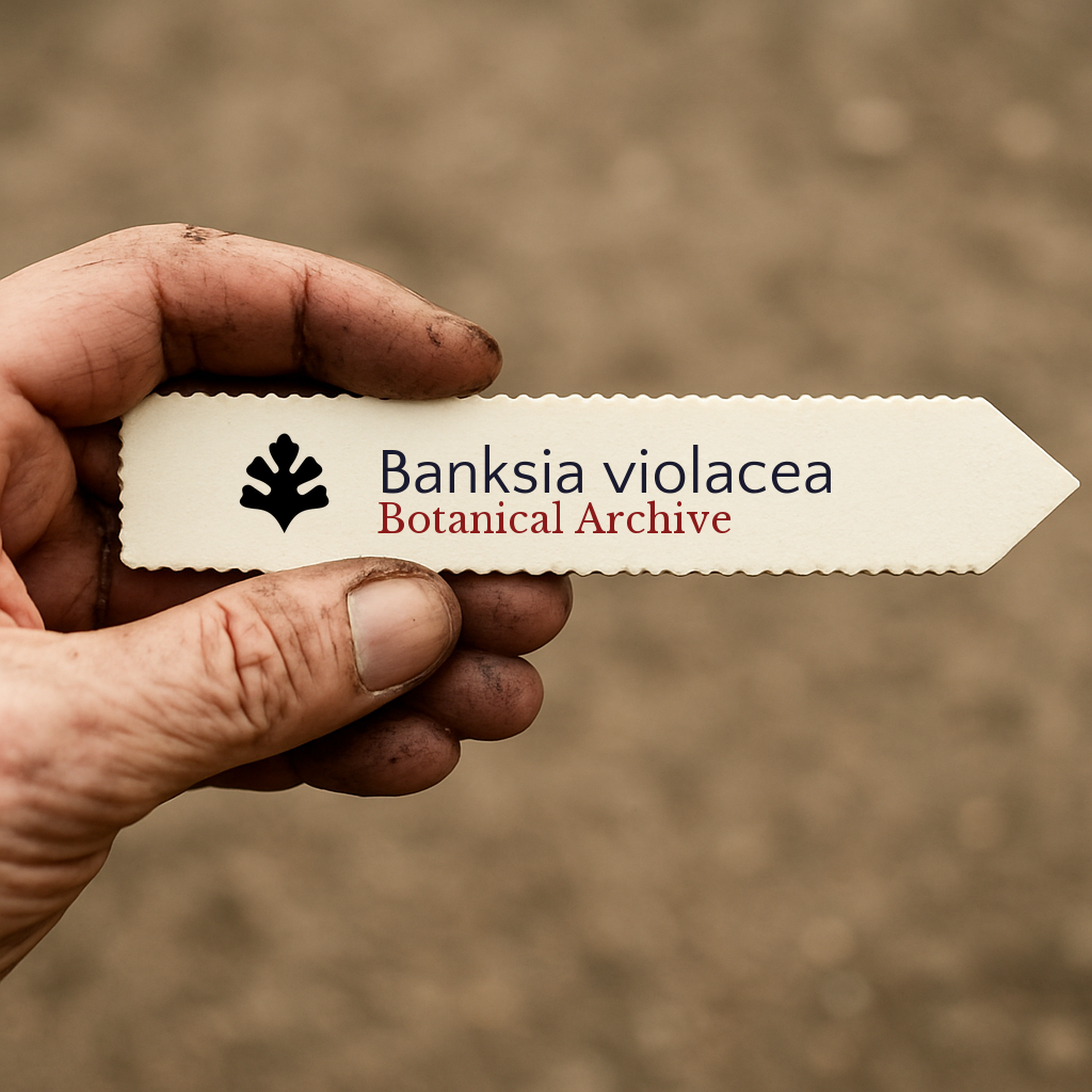 Printed plant label for Banksia violacea held by a gardener with soil-stained fingers