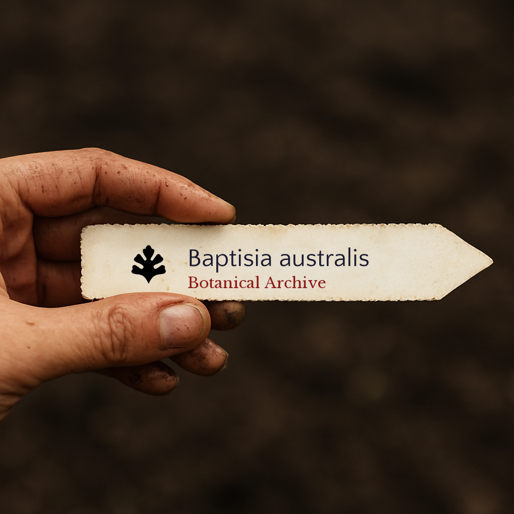 Printed plant label for Baptisia australis held by dirty hand over soil background