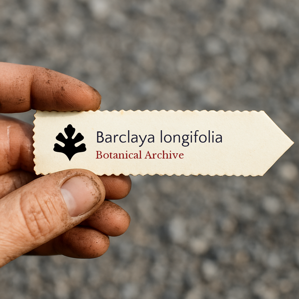 Etichetta per pianta stampata per Barclaya longifolia con il logo Botanical Archive tenuta da una mano sporca