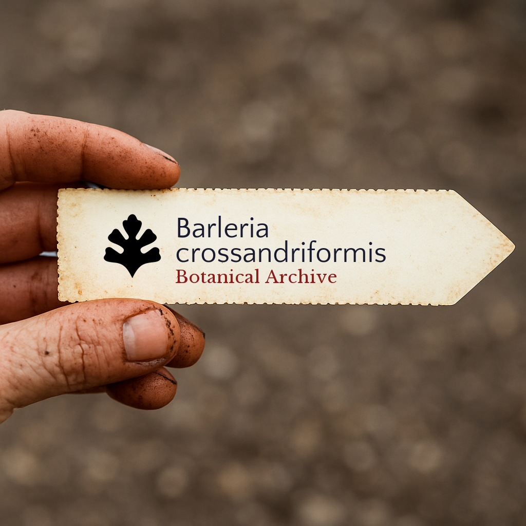 Printed plant label for Barleria crossandriformis held by dirty hand outdoors