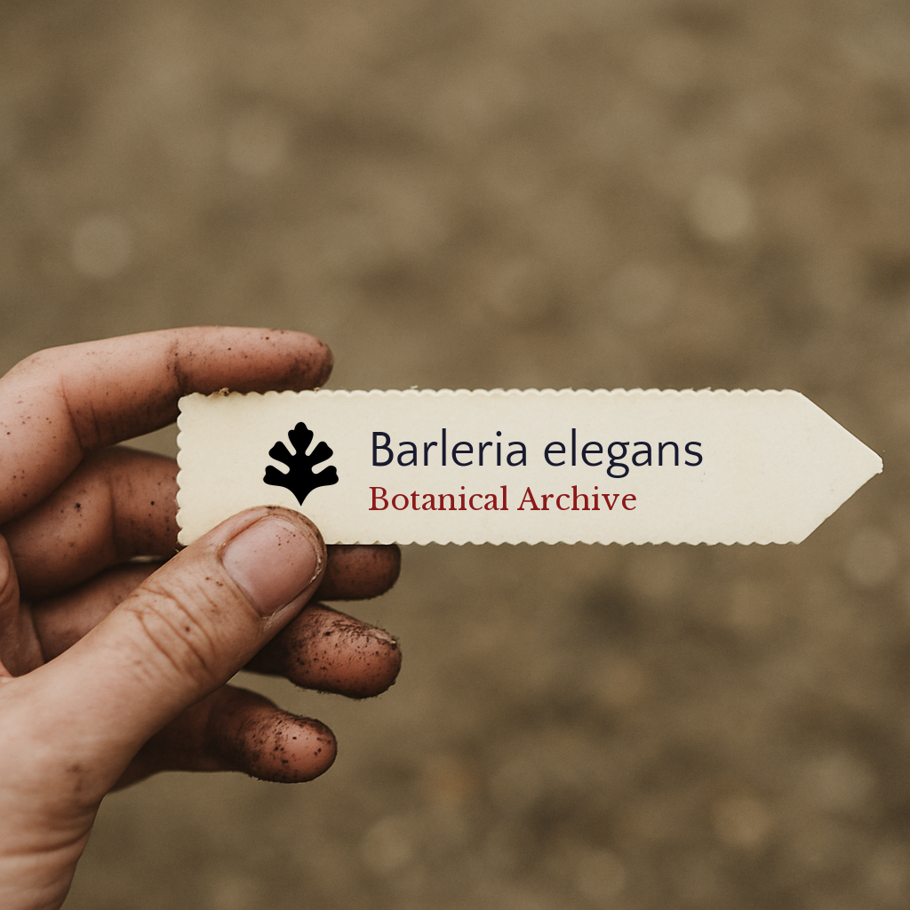 Printed plant label for Barleria elegans held by dirty hand against blurred soil background