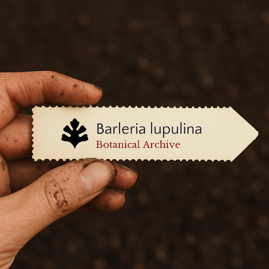 Etichetta per pianta stampata per Barleria lupulina tenuta da mano sporca con sfondo di terra