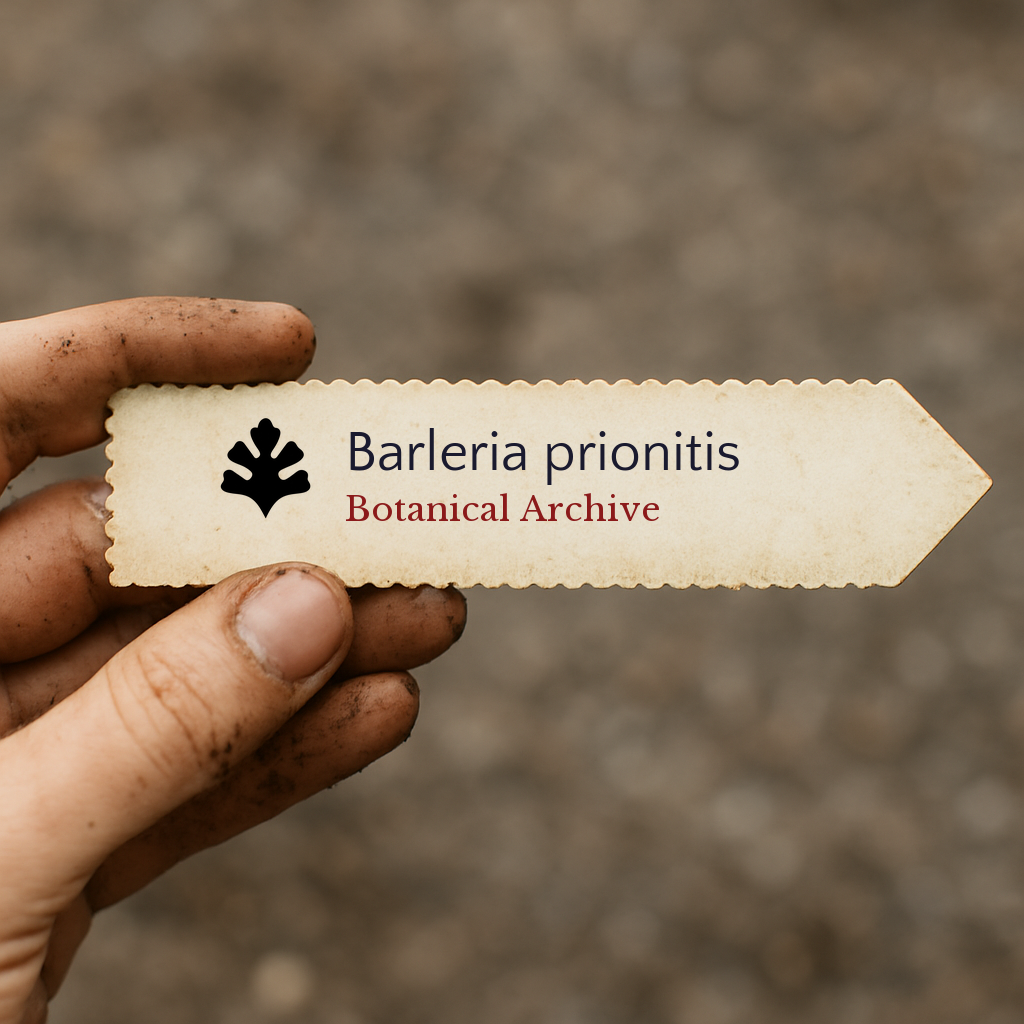 Printed plant label for Barleria prionitis held by dirty hand with blurred soil background