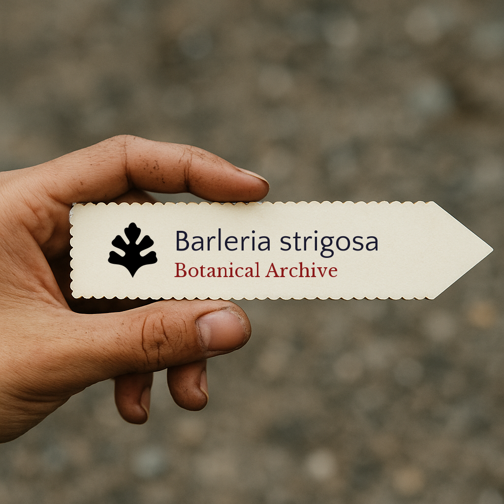 Etichetta per pianta stampata per Barleria strigosa tenuta a mano con il logo Botanical Archive