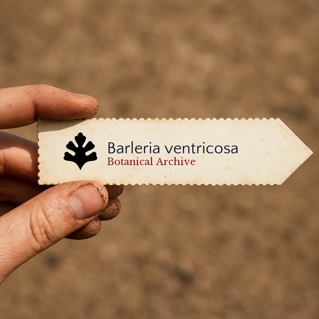 Etichetta stampata per pianta di Barleria ventricosa tenuta da mano sporca all'aperto