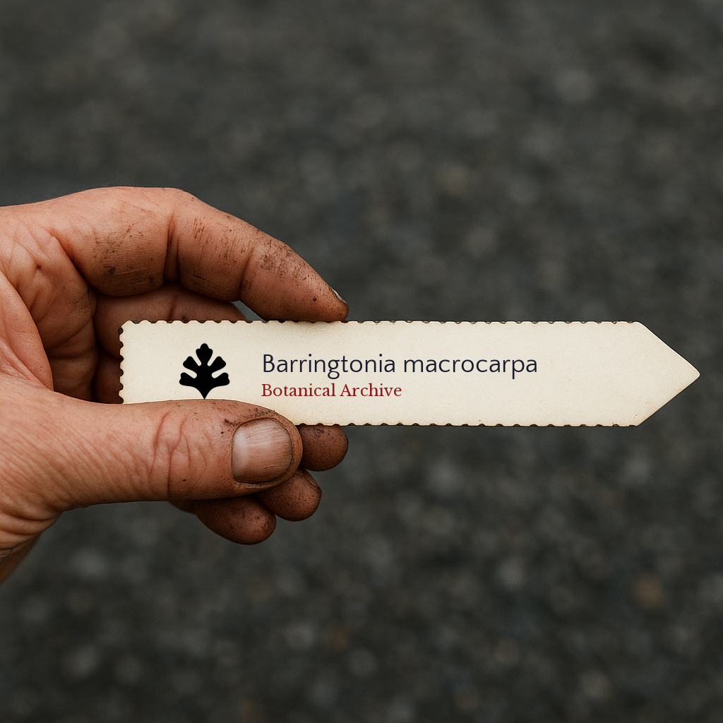 Printed plant label for Barringtonia macrocarpa held by a hand with soil on fingers