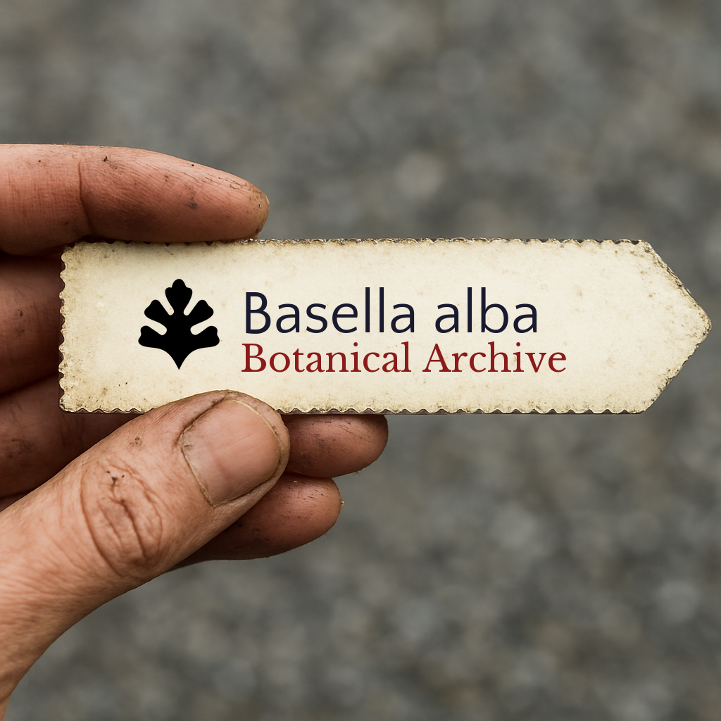 Etichetta plantare in stile vintage stampata per Basella alba tenuta da mano sporca all'aperto