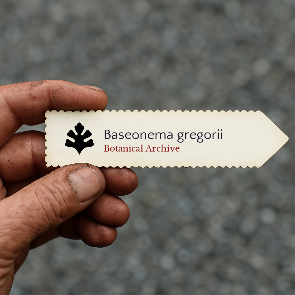 Printed plant label for Baseonema gregorii held by hand with dirt background