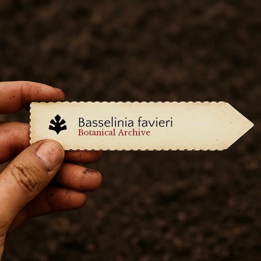 Printed plant label for Basselinia favieri with botanical archive logo held over soil background