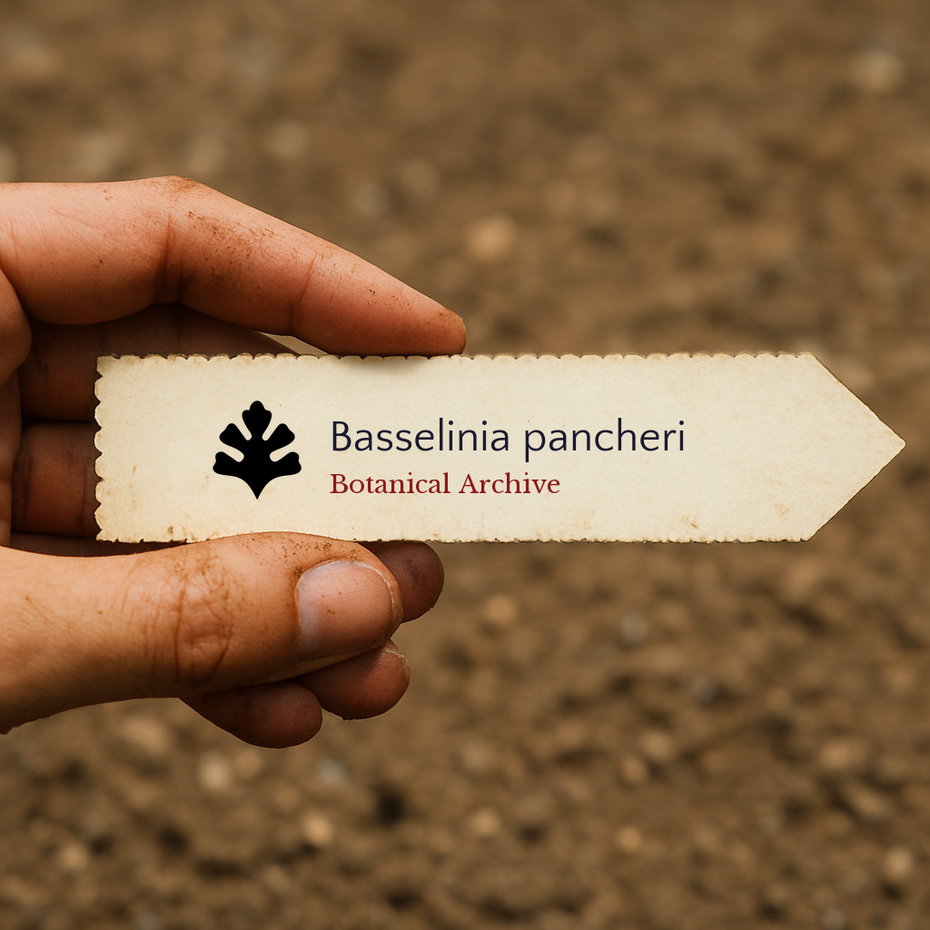 Printed plant label for Basselinia pancheri held over soil background