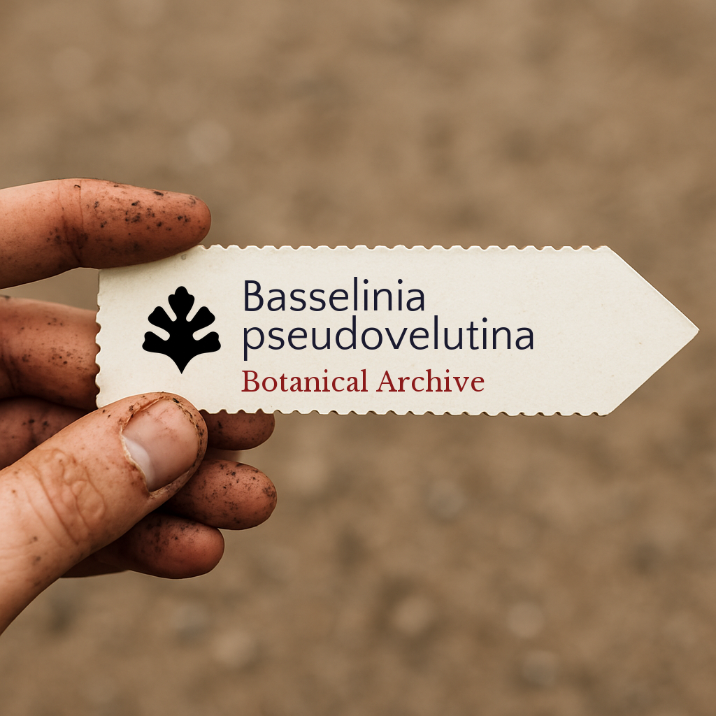 Printed plant label for Basselinia pseudovelutina held by dirty hand outdoors
