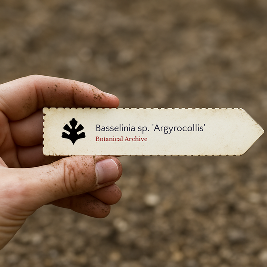 Printed plant label for Basselinia sp. 'Argyrocollis' held in hand with soil background