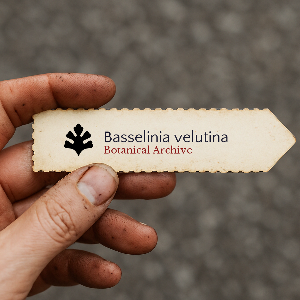 Printed plant label for Basselinia velutina held by dirty hand on gray background