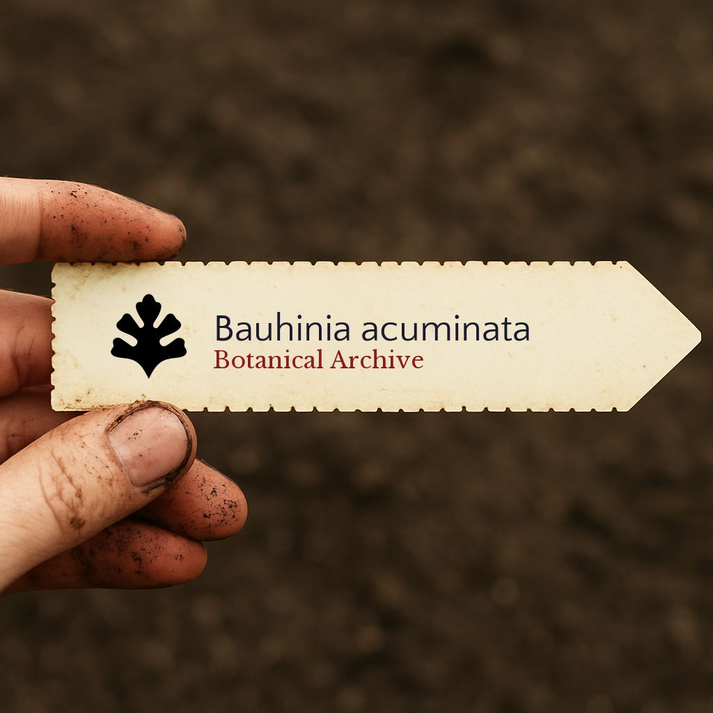 Printed plant label for Bauhinia acuminata held by dirty hand over soil background