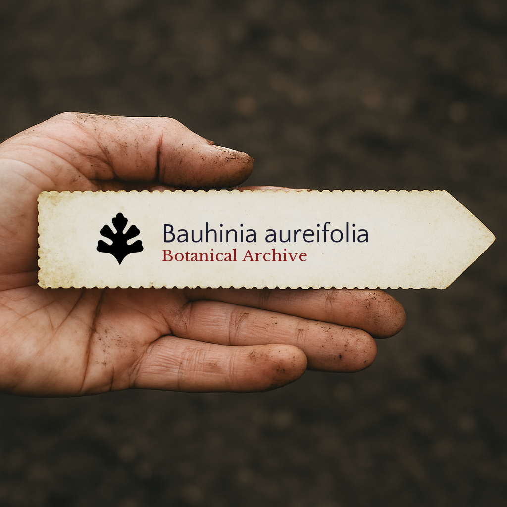 Printed plant label for Bauhinia aureifolia held in dirty hand over soil background