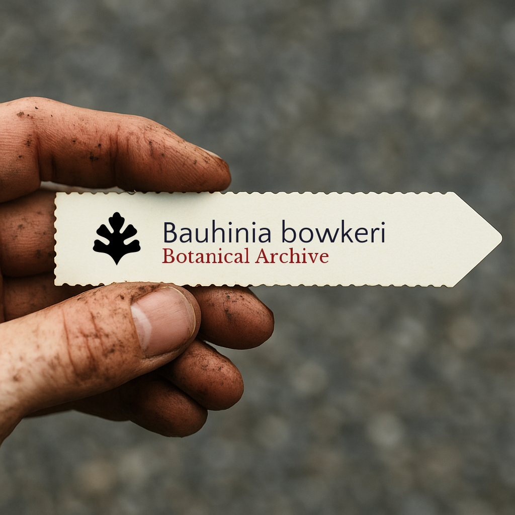 Printed plant label for Bauhinia bowkeri held by dirty hand outdoors