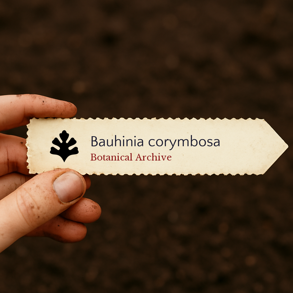 Etichetta per piante stampata per Bauhinia corymbosa con il logo di Botanical Archive su sfondo di terreno